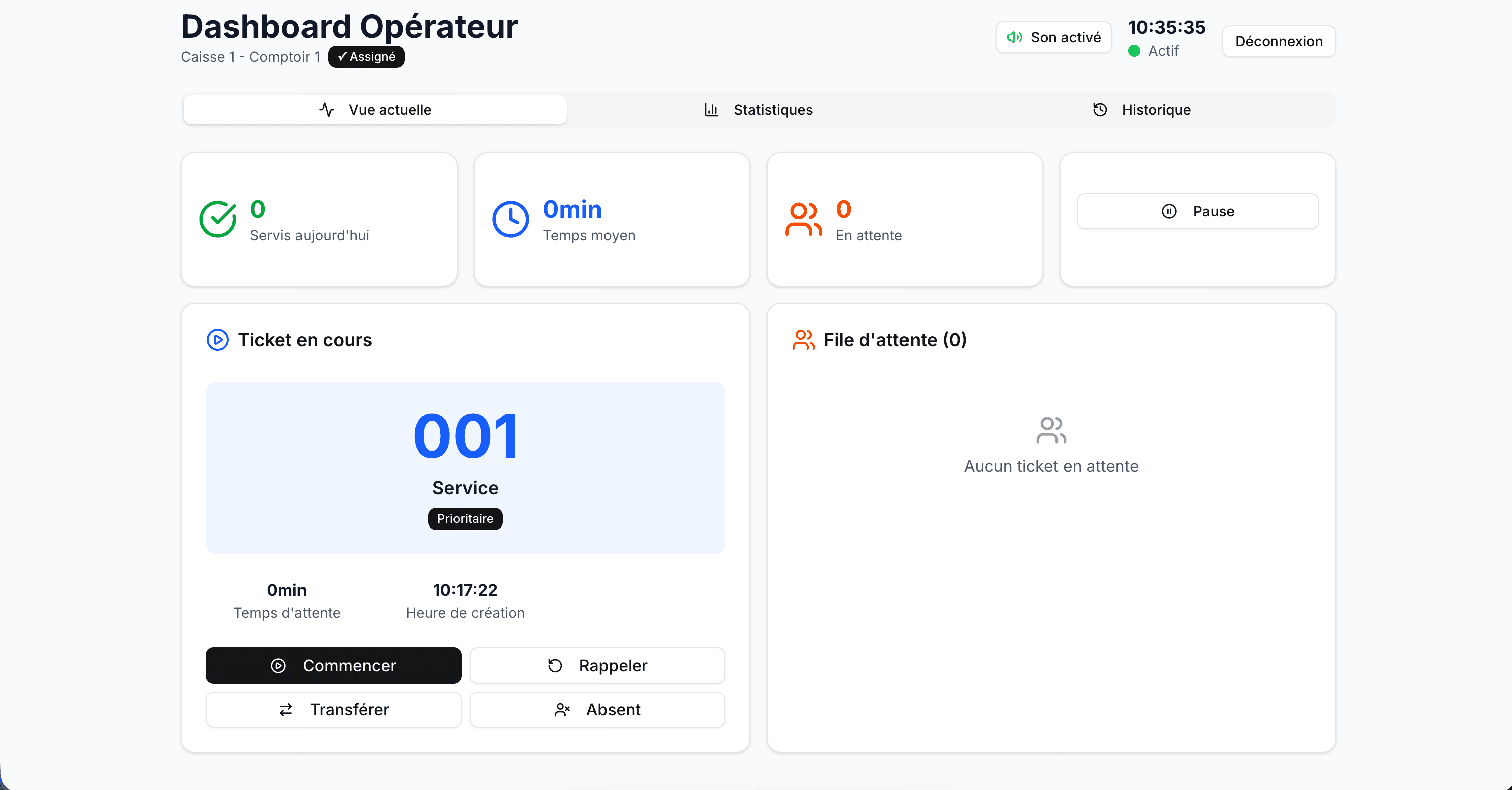 Dashboard opérateur - Ticket en cours