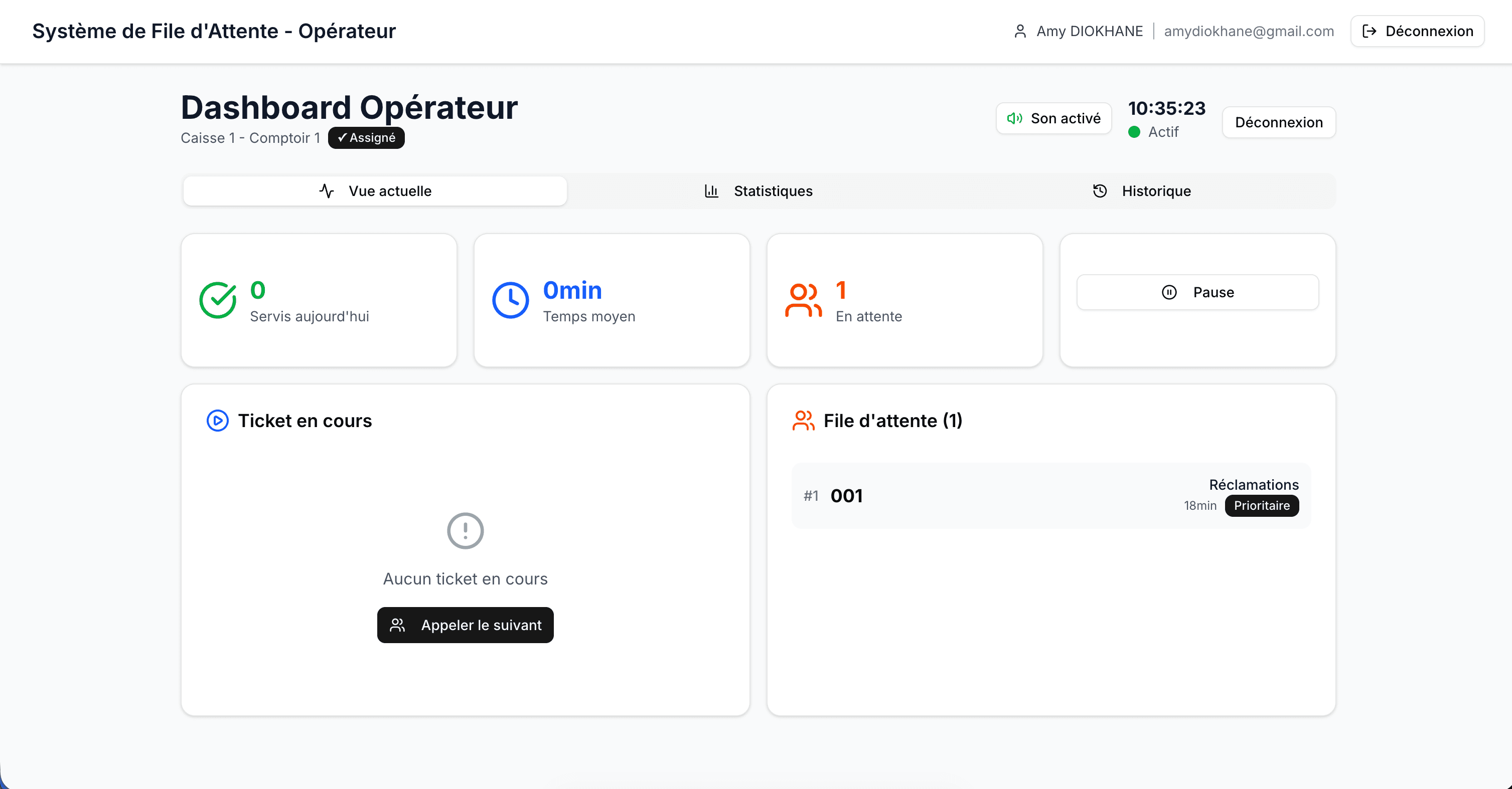 Dashboard opérateur - File d'attente