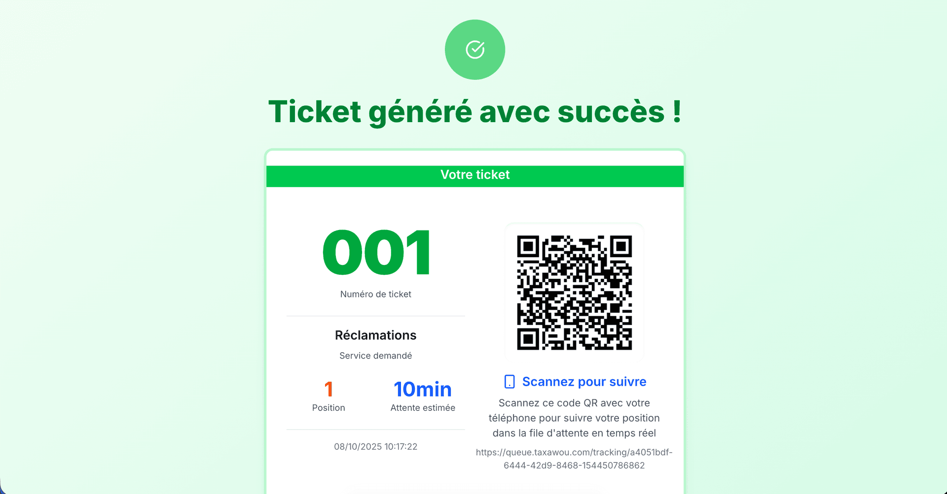Ticket généré avec QR code - Numéro 001